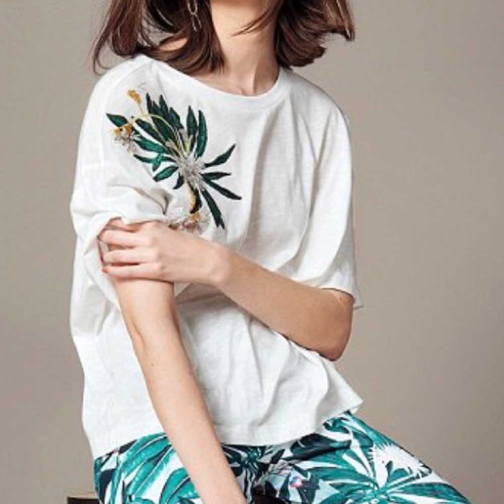 H&M Anna Glover Oversized Embellished T-Shirt Tee White Size Extra Small